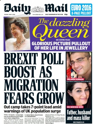Daily Mail 很自豪地宣布是移民问题让脱欧在民调中领先